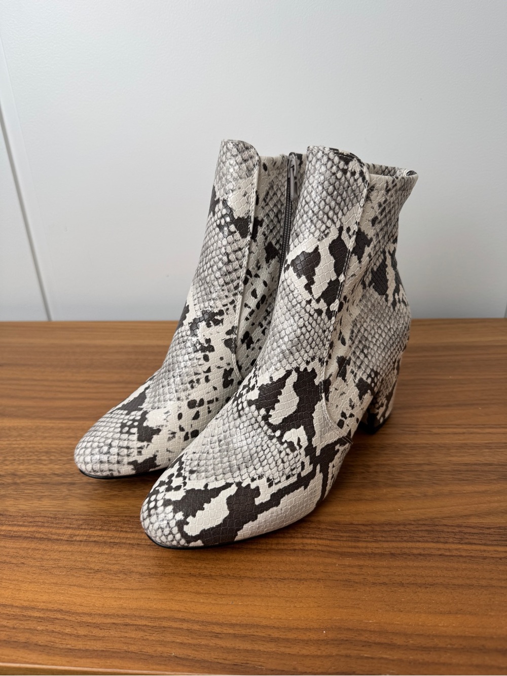 Snake-Print Ankle Booties in White and Black